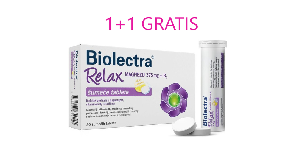 Biolectra Relax Magnezij 375 mg + B6 20 šumećih tableta 1+1 GRATIS
