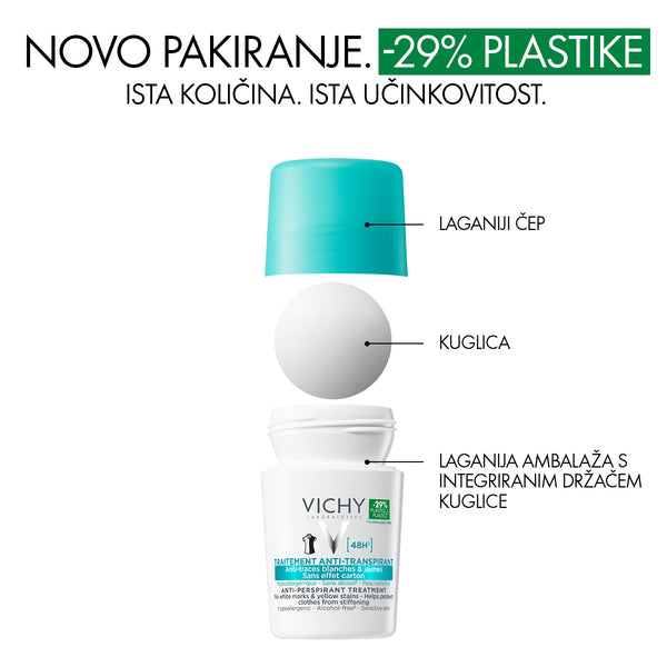 VICHY DÉODORANT Roll-on dezodorans za regulaciju prekomjernog znojenja do 48h bez bijelih tragova i žutih fleka 50 ml