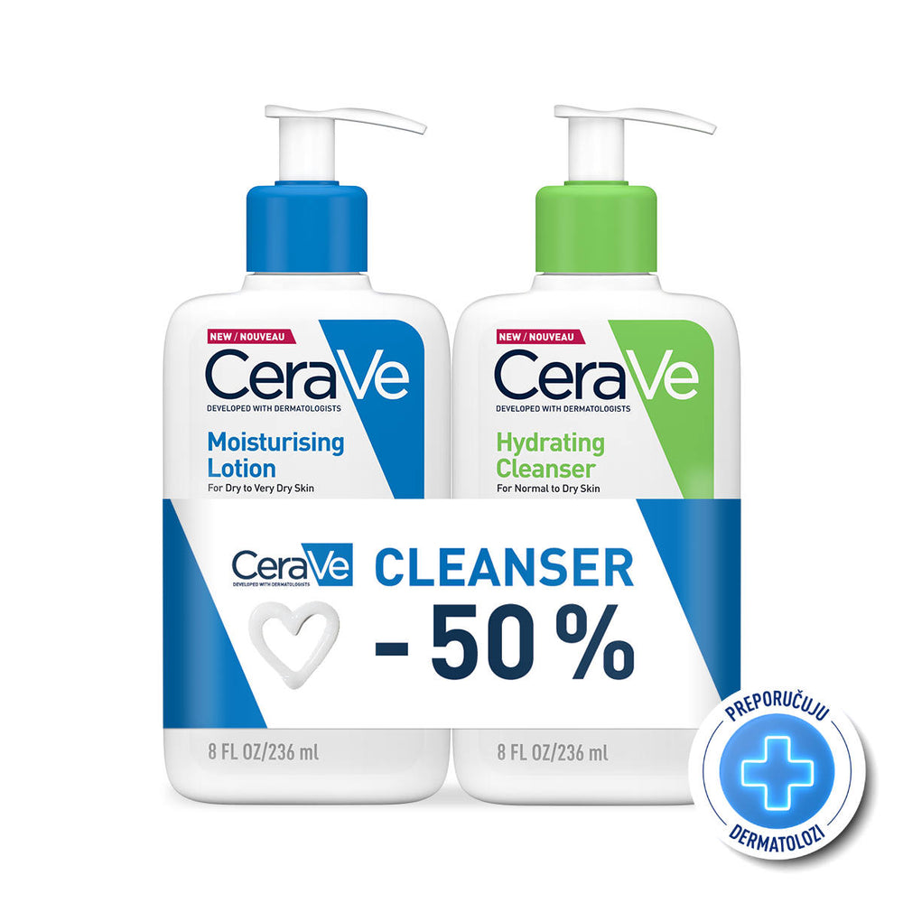 CeraVe Hidratantni losion za normalnu do suhu kožu, 236 ml + 50% POPUST CeraVe Hidratantna emulzija za čišćenje za normalnu do suhu kožu, 236 ml