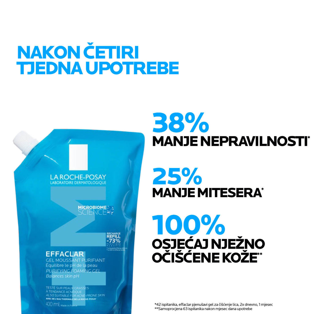 La Roche-Posay EFFACLAR Pjenušavi gel za čišćenje masne, osjetljive kože sklone aknama, 400 ml + REFILL PAKIRANJE 400 ml