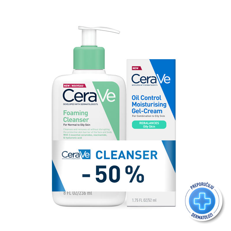 CeraVe Pjenušavi gel za čišćenje za normalnu do masnu kožu, 236 ml + CeraVe Hidratantna gel-kremaza normalnu do suhu kožu, 52 ml