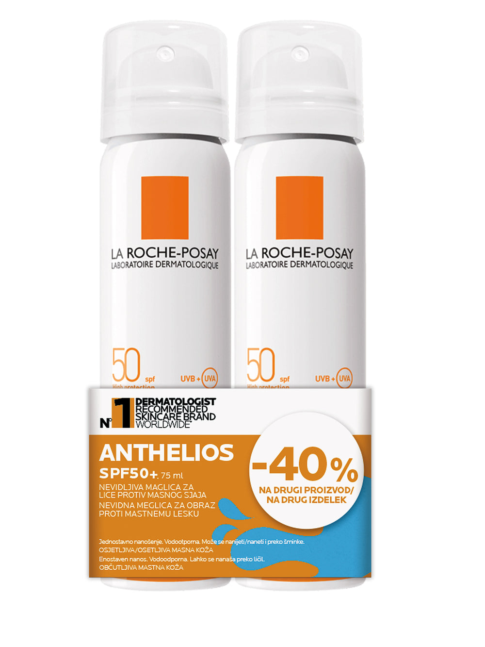 La Roche-Posay ANTHELIOS Nevidljivi i osvježavajući sprej za zaštitu od sunca protiv sjaja PROMO 2X75 ml