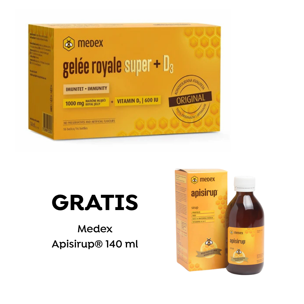 Medex Gelée royale super ampule 1000 mg + Vitamin D 16 x 9 ml, dodatak prehrani GRATIS Medex Apisirup 140ml