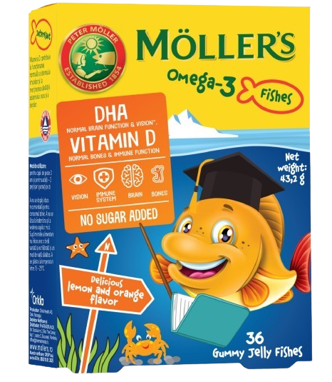 Mollers Omega-3 gumeni bomboni s okusom naranče i limuna 36 komada, dodatak prehrani
