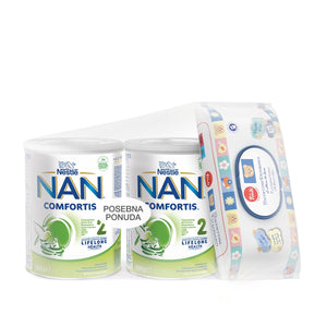 Nestle NAN Comfortis 2 (6-12 mj) 2x800 g+GRATIS Trudi vlažne maramice 72 komada