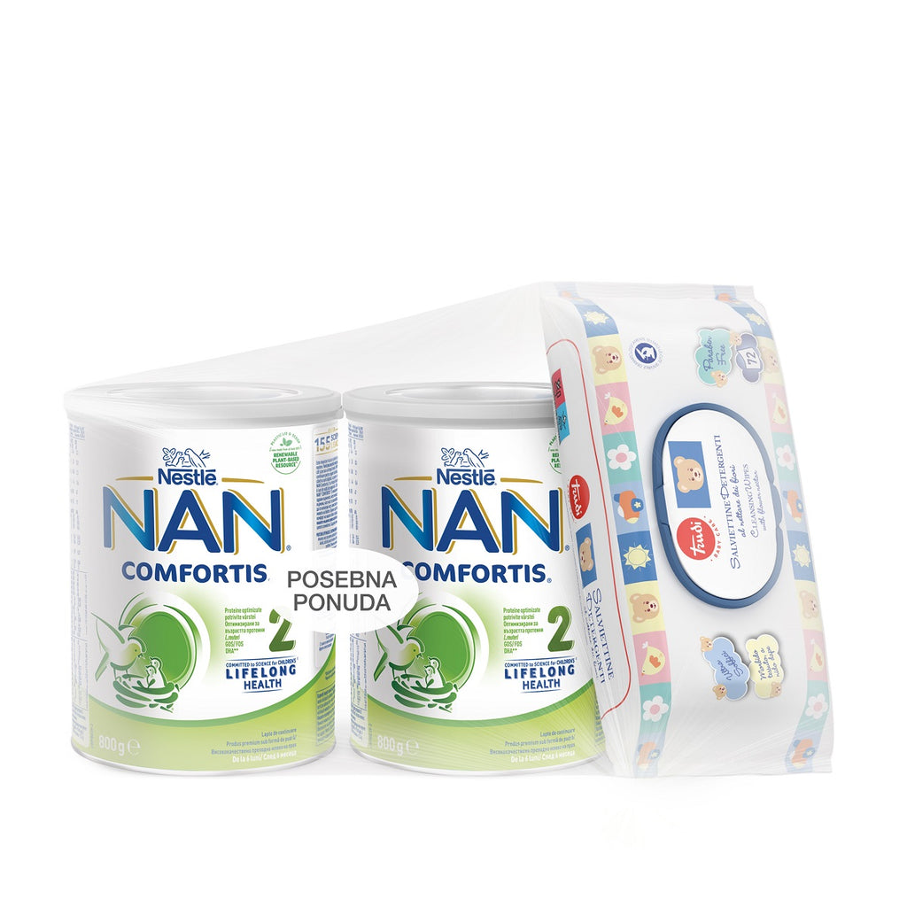 Nestle NAN Comfortis 2 (6-12 mj) 2x800 g+GRATIS Trudi vlažne maramice 72 komada