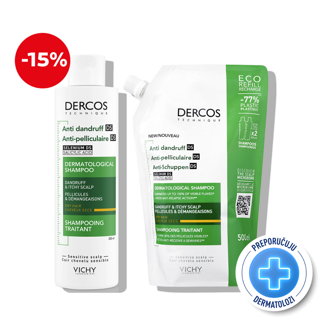 Vichy DERCOS šampon protiv prhuti za suho vlasište  + eko punjenje za suho vlasište