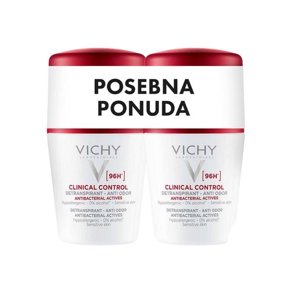 Vichy Deo-Duo Roll-on CLINICAL CONTROL dezodorans, testiran za kontrolu prekomjernog znojenja do 96h 2x50 ml PROMO