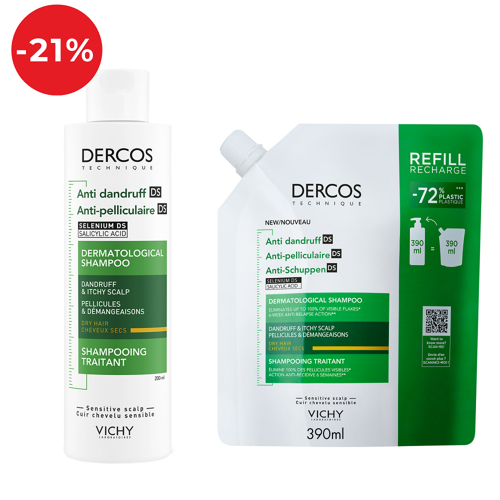 Vichy DERCOS šampon protiv prhuti za suho vlasište + eko punjenje za suho vlasište
