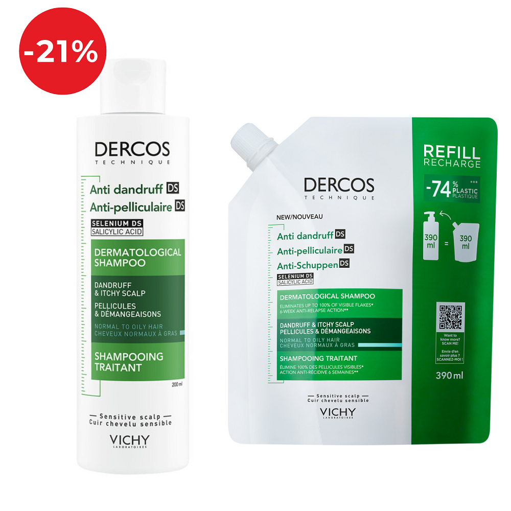 Vichy DERCOS šampon protiv prhuti za masno vlasište  + eko punjenje za masno vlasište
