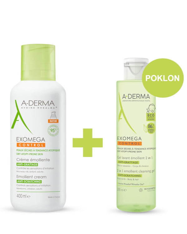 A-Derma Exomega Control emolijentna krema 400 ml + GRATIS A-Derma Exomega Control emolijentni gel 2U1, 200 ml