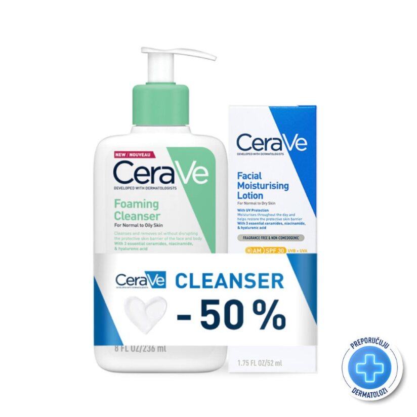 CeraVe Hidratantna njega za lice za normalnu do suhu kožu SPF30, 52 ml + 50% POPUST na CeraVe Pjenušavi gel za čišćenje za normalnu do masnu kožu, 236 ml